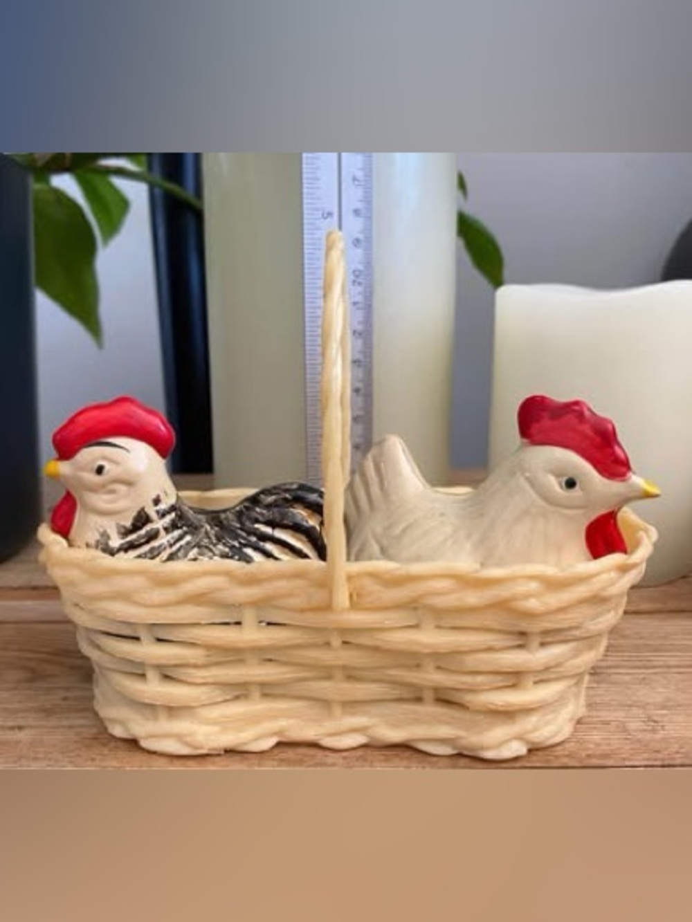 Vintage Plastic Chicken Salt & Pepper Shakers in Woven Basket Caddy - Hong Kong